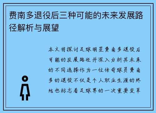 费南多退役后三种可能的未来发展路径解析与展望