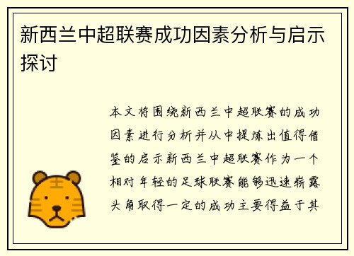 新西兰中超联赛成功因素分析与启示探讨